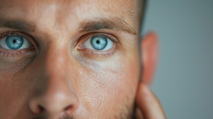 Close up portrait of a thoughtful Caucasian man closely examining his facial complexion in the mirror with a blurred background and deep depth of field creating a sense of intimacy and introspection