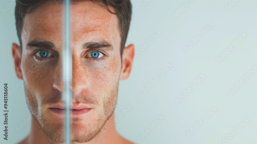Poster close up portrait of a thoughtful caucasian man closely examining his complexion and features in a m