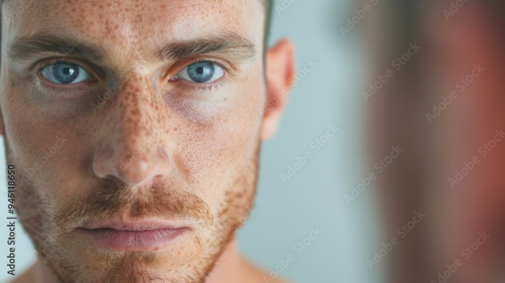 Poster close up portrait of a thoughtful caucasian man examining his complexion and facial features in a mi