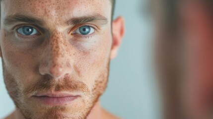 Close up portrait of a thoughtful Caucasian man examining his complexion and facial features in a mirror with a soft blurred background creating a deep depth of field effect