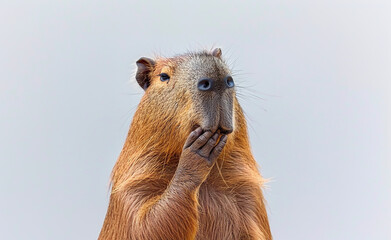 A capybara that seems to be smiling with one hand raised to its mouth generated by AI