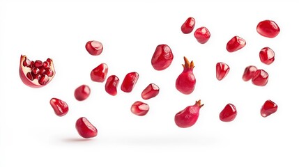 A dynamic arrangement of pomegranate seeds and a half fruit, showcasing freshness and vitality.