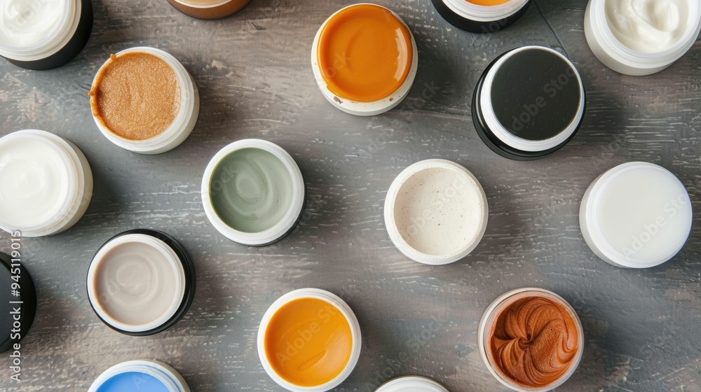 Poster overhead view of an assortment of men s lip care products including balms scrubs and other solutions