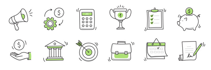 Hand drawn doodle business, money icon set. Finance, money, marketing sketch drawn cute trendy line doodle icon. Business bank, finance calculator, economic goal elements. Vector illustration © Polina Tomtosova