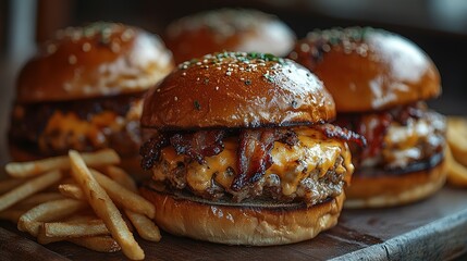 Close-up of a Cheeseburger with Bacon and Toppings Served with French Fries