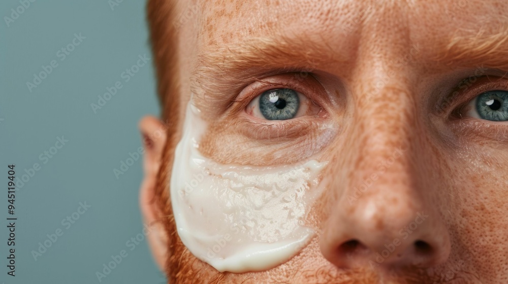 Poster close up portrait of a man s face with an anti wrinkle cream or serum gently applied to the skin the