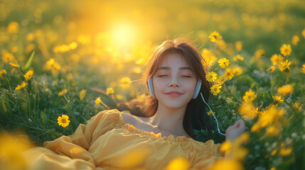 Beautiful young woman wear straw hat with close eyes and listening music by headphones in a field of flowers. in the summer in the long holiday.
