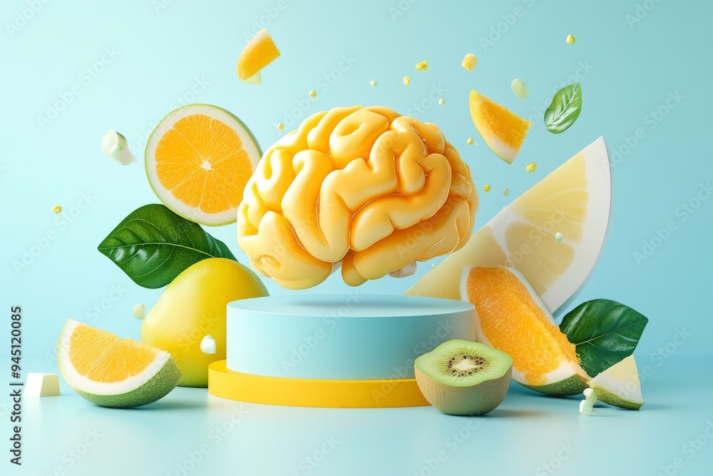 Poster creative digital illustration of a brain surrounded by fresh citrus fruits symbolizing the connectio
