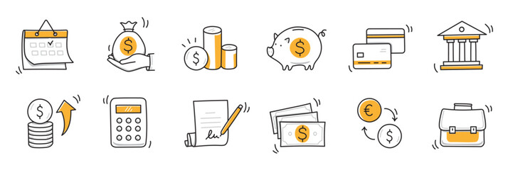 Money finance doodle hand drawn icon set. Finance business, money, bank sketch drawn cute trendy doodle icon. Business bank sketchy calculator, increase economic goal elements. Vector illustration