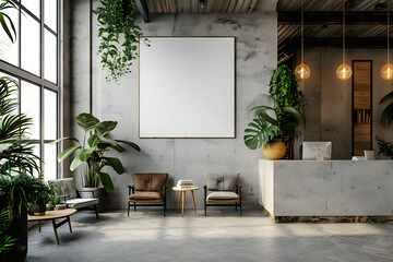 White mockup of a square blank poster on a concrete wall in a modern office interior with panoramic windows and a reception desk.