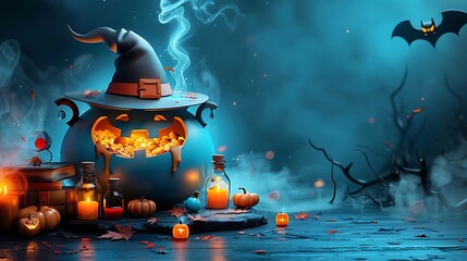 A mystical paper craft scene of a witch's cauldron bubbling with potion, with paper cutout potion bottles, spell books, and a hovering witch's hat, set against a dark, misty backdrop, high detail,