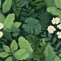 Seamless pattern with lush green tropical leaves and white flowers. Botanical design for textile, wallpaper, fabric, wrapping paper, background.