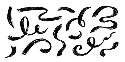 Brush line stroke squiggly paint set. Hand drawn doodle swirl wave brush curly charcoal stroke. Line squiggly paint curly hand drawn ink calligraphy elements. Vector illustration.