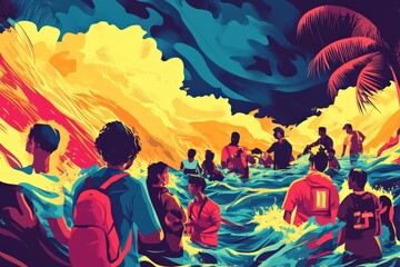 Fototapeta premium Emergency evacuation victims of natural disasters, flood, earthquake and volcano eruption, vector illustration. People rescue from storm, hurricane, typhoon. 