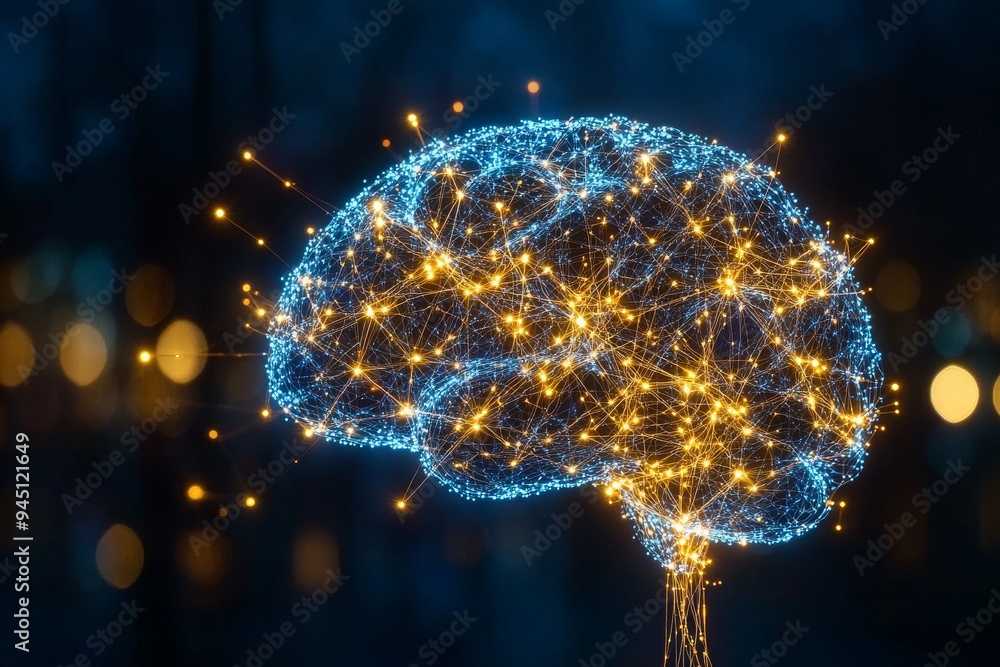 Poster futuristic digital rendering of a brain illuminated by glowing neural connections representing the a