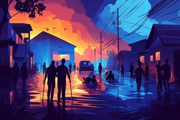 Naklejka premium Emergency evacuation victims of natural disasters, flood, earthquake and volcano eruption, vector illustration. People rescue from storm, hurricane, typhoon. 