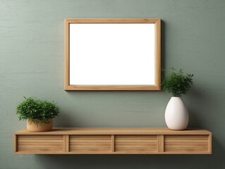 Blank Framed Canvas on a Wooden Shelf with Green Plants