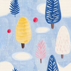 Winter seamless patterns with trees, flowers, and snowflakes. Forest landscape in pastel colors on a blue background. Watercolor illustration for textile, wallpaper, fabric, or wrapping paper design.