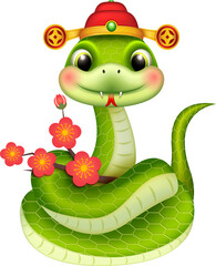 Cartoon cute green snake with Chinese traditional red hat holding plum blossom branch