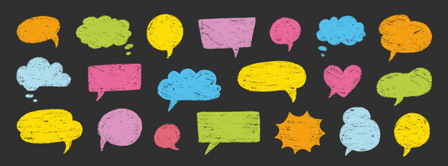 Crayon talk speech balloon frame doodle vector. Hand drawn crayon doodle speech cloud bubble set. Chalk texture sketch text talk cloud balloon frame background. Vector illustration.