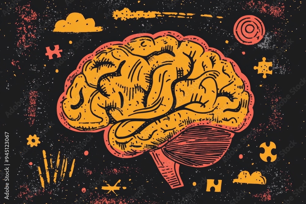 Poster creative digital illustration of a brain puzzle set against a starry backdrop highlighting the cosmi