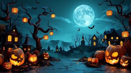 Fototapeta premium A paper-crafted scene of children in colorful costumes trick-or-treating in a spooky neighborhood, with glowing lanterns hanging from houses, paper trees with twisted branches,