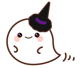 魔女のとんがり帽子をかぶって、ふわふわ空を飛ぶ、ハロウィンのかわいいおばけ