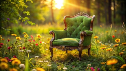 Vibrant flowers and leaves dance in harmony, surrounding a cozy chair, its worn velvet cushion a testament to countless hours of childhood magic.