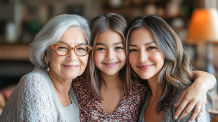 Three generations of women smiling together in a restaurant