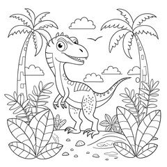 Lively Jungle Scene with Cartoon Dinosaur and Tropical Plants for Coloring

