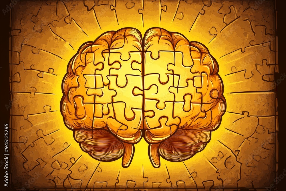 Poster digital artwork of a brain puzzle glowing with golden light representing the enlightenment wisdom an
