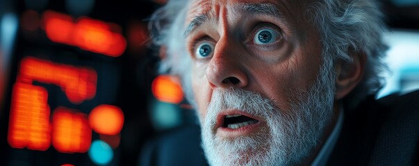 Stock exchange trader shocked by market collapse, financial crisis, negative ticker, red data graphs