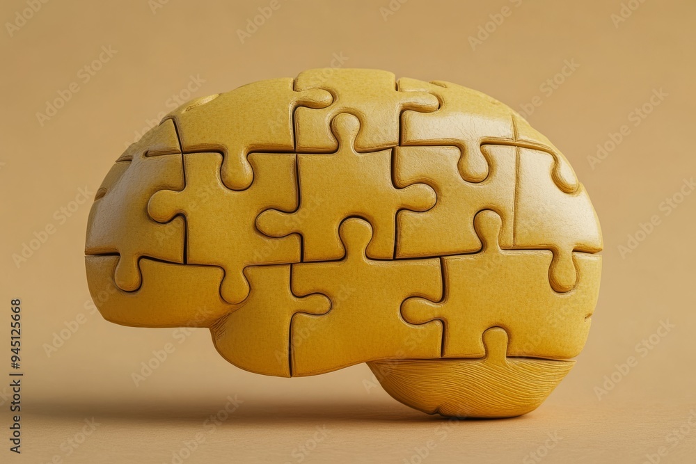 Poster minimalist 3d rendering of a golden brain puzzle symbolizing the value of mental resilience cognitiv