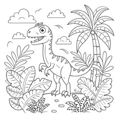 Fototapeta premium Lively Jungle Scene with Cartoon Dinosaur and Tropical Plants for Coloring