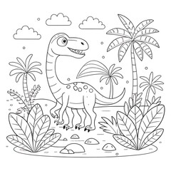 Fototapeta premium Lively Jungle Scene with Cartoon Dinosaur and Tropical Plants for Coloring