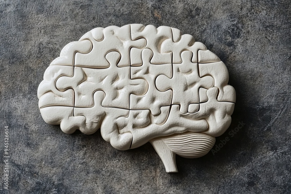 Poster stone like 3d rendering of a brain puzzle on a textured surface symbolizing the grounding aspects of