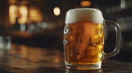 Frothy Beer in a Glass Mug on a Wooden Bar Counter