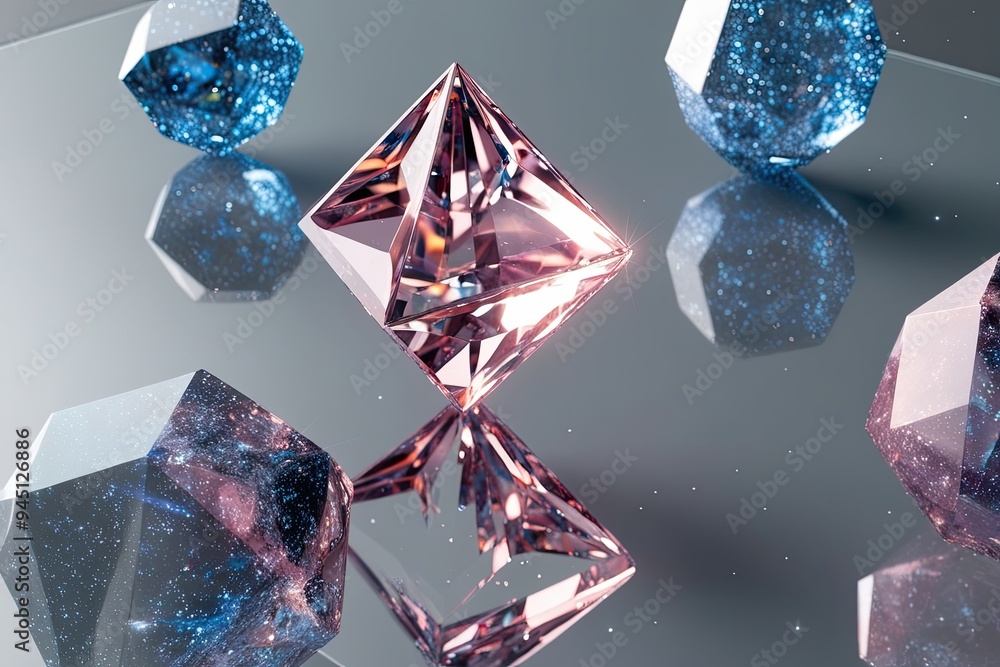 Poster futuristic 3d graphics with sparkling geometric shapes and distorted crystal designs on transparent 
