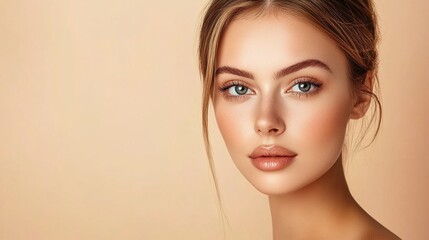 Naklejka premium Beautiful young woman with clean fresh skin on beige background, Face care, Facial treatment, Cosmetology, beauty and spa, women portrait. copy space for text.