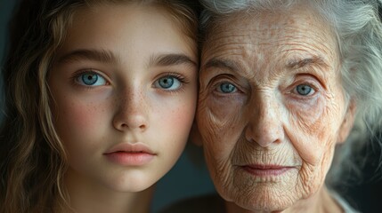 Young woman and her elderly mother take care of their skin and look great,Two generations,Beautiful middle aged mother and her adult daughter,skincare and Aging concept,Comparison of young and old.