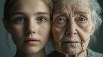 Young woman and her elderly mother take care of their skin and look great,Two generations,Beautiful middle aged mother and her adult daughter,skincare and Aging concept,Comparison of young and old.