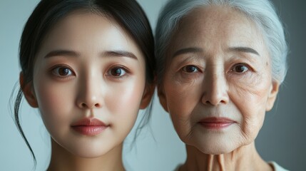 Young woman and her elderly mother take care of their skin and look great,Two generations,Beautiful middle aged mother and her adult daughter,skincare and Aging concept,Comparison of young and old.
