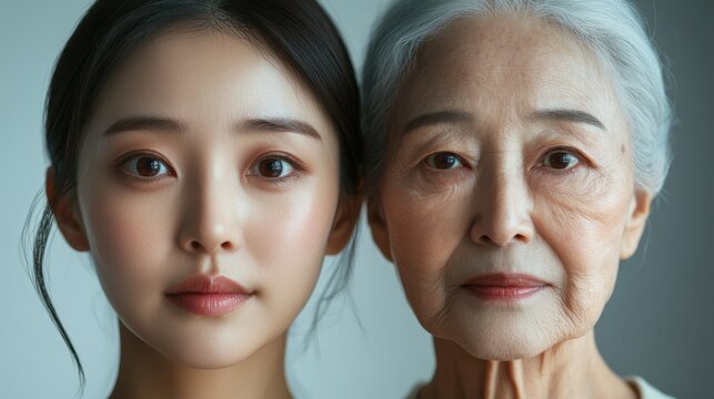 Young woman and her elderly mother take care of their skin and look great,Two generations,Beautiful middle aged mother and her adult daughter,skincare and Aging concept,Comparison of young and old.