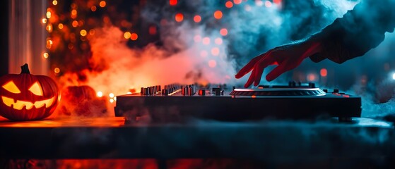 Thrilling 80s Inspired Halloween Dance Party Scene with DJ Spinning Vinyl Records on Turntables Surrounded by Smoke Eerie Lighting and Festive Pumpkin Decor