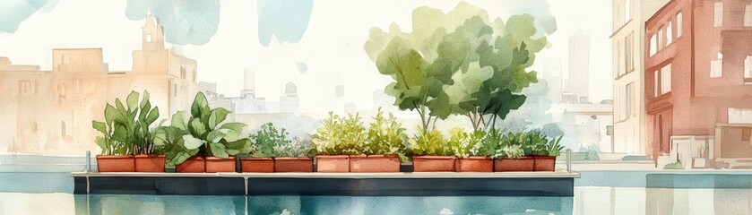 Serene Watercolor Painting of Futuristic Floating Garden in Urban Canal, Illustrating Innovative Urban Agriculture Concept