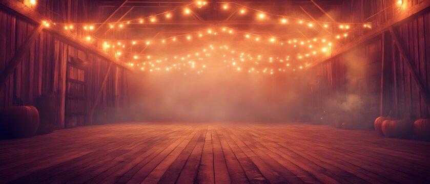 A mysterious and spooky Halloween dance event taking place in a rustic vintage style Wild West barn with dramatic lighting effects creating a ghostly eerie atmosphere