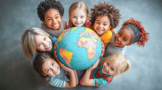 Group of children holding a world globe smiling and looking up