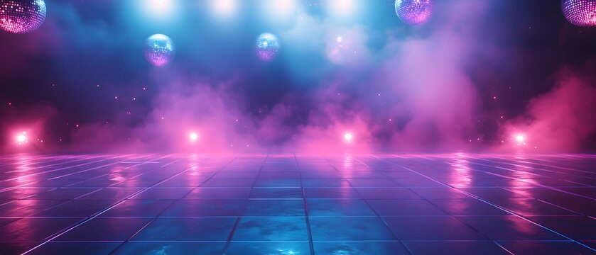 Retro 80s Halloween Dance Party with Glowing Dancefloor and Disco Balls  Vibrant neon lights music and festive atmosphere create an energetic and spooky mood for a night of - Powered by Adobe