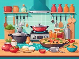 Vector illustration, cartoon kitchen table with cooking tools and ingredients