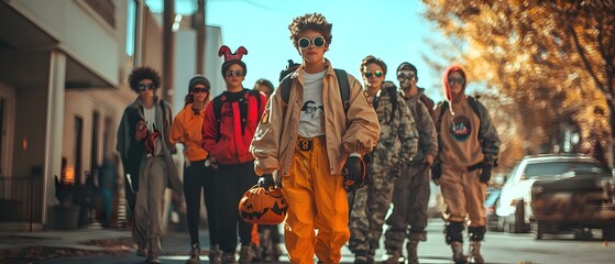 A group of trick or treaters dressed as iconic 80s movie characters such as Ghostbusters and Gremlins posing in a photography concept with copy space for text overlay